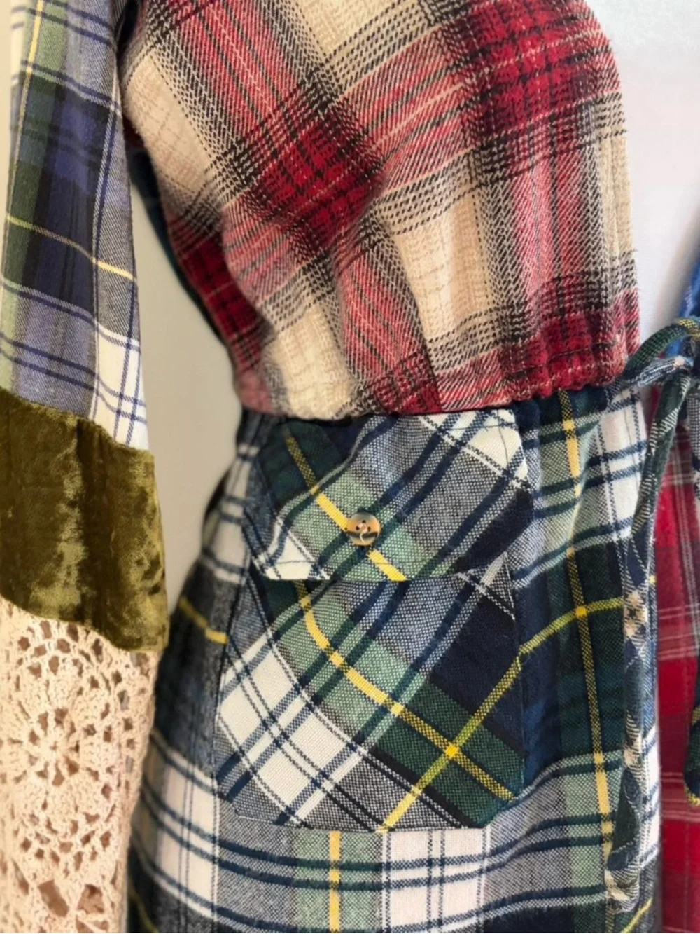 Vintage 90s patchwork crochet lace duster dress plaid grunge boho festival S-M - Picture 7 of 8